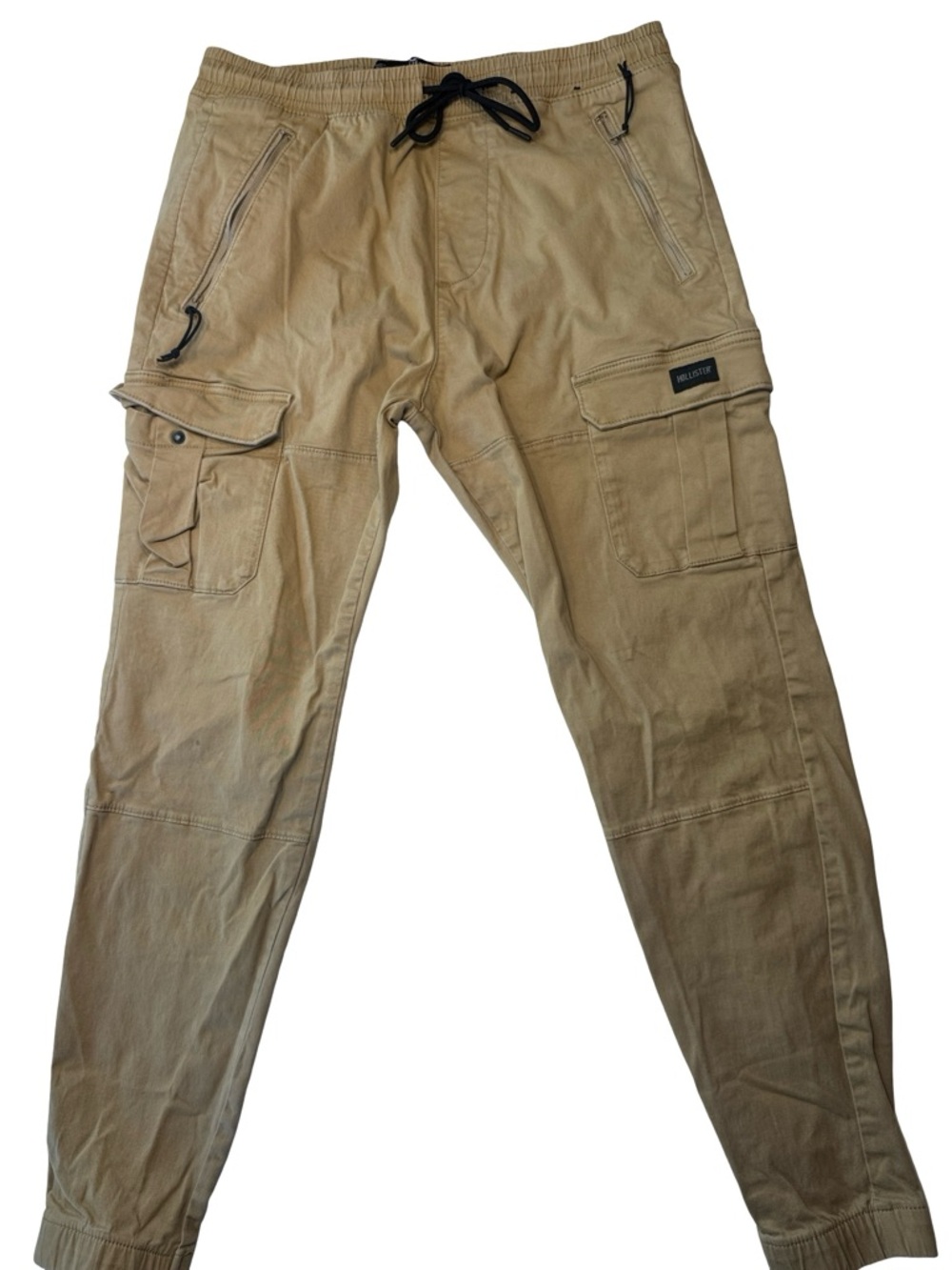 Hollister Men's Khaki Cargo Joggers with Black Drawstring